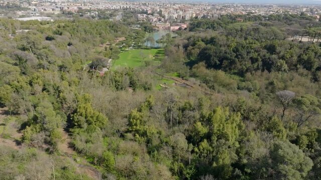 Aerial view of Villa Ada, a large public park in Rome, Italy. This large green area with a small lake is located in the northern area of the city, between the Parioli, Pinciano and Salario district.