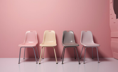 Fototapeta premium pink pastel classroom chairs are sitting up next to each other сreated with Generative Ai