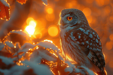 Little owl in the forest at sunset