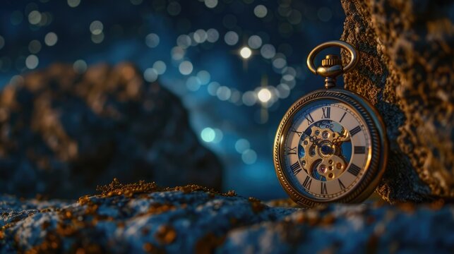 An intricate steampunk pocket watch gleams amidst sparkling lights, suggesting timeless elegance.