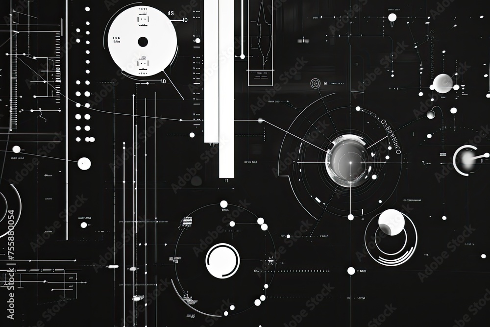 Poster minimalist icons representing data points in a complex system.