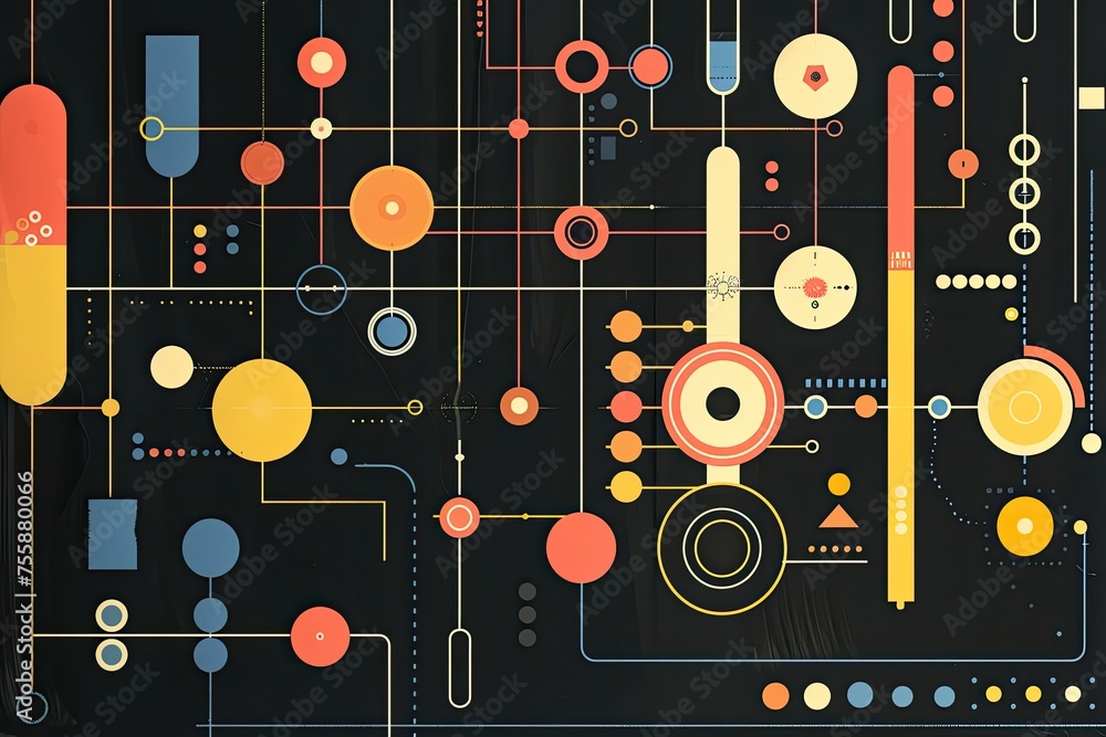 Poster minimalist icons representing data points in a complex system.
