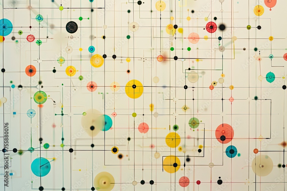 Poster minimalist icons representing data points in a complex system.