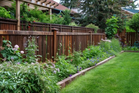 Minimalist design of a brand-new wooden fence, bordering a summery backyard garden.