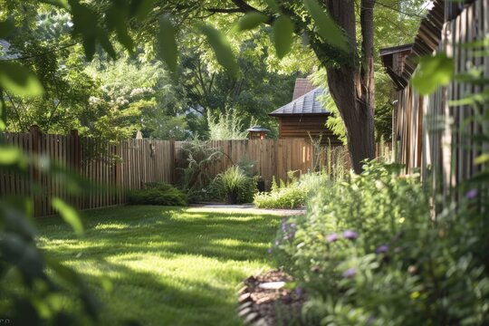Minimalist design of a brand-new wooden fence, bordering a summery backyard garden.