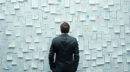 A man in a suit is looking at a wall covered in post it notes. Back view of Businessman managing deadline tasks check