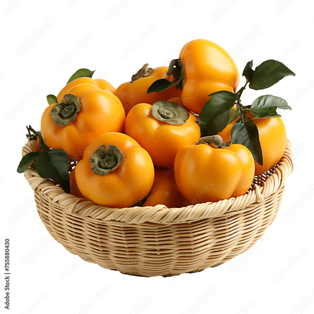 Poster fuyu persimmons in a wicker basket - png cutout isolated in a transparent backdrop