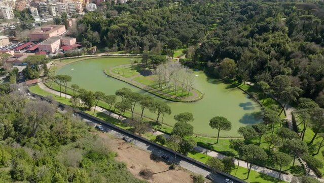 Aerial view of the small lake of Villa Ada, a public park in Rome, Italy. In the center of the lake there is a small island with trees and a green area.
