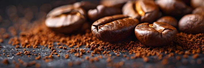 Fotobehang Close-up of roasted coffee beans, Coffee beans background roasted signature bean with rich flavour best morning drink and luxury blend © marchsing