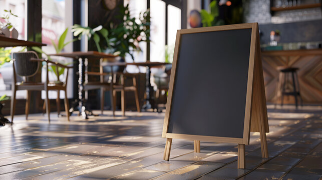 black chalk board or signboard in wooden frame for text of menu standing in cozy restaurant or coffee shop Template, friendly mockup