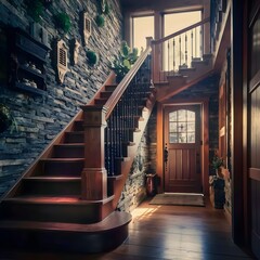 Wooden staircase and stone cladding wall,generative ai - obrazy, fototapety, plakaty