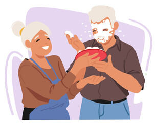 On April Fools Day, Senior Woman Character Hilariously Surprises Her Husband By Playfully Throwing A Cake In His Face