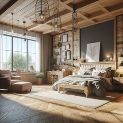 Rustic Charm: Modern Bedroom with Farmhouse Interior Design Boasting Hardwood Floors, Creating a Warm and Inviting Atmosphere