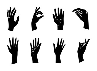 Obraz premium Vector set of silhouettes of human hands depicting various gestures, black on a white background.