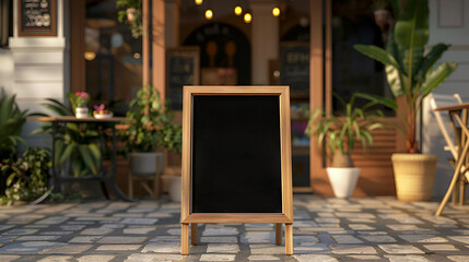 Fototapeta na wymiar black chalk board or signboard in wooden frame for text of menu standing in front of entrance to cozy cafe or coffee shop Template, copy space, friendly mockup