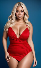 Fototapeta premium Beauty curve plus size fat black woman in a red mini dress on a blue background.Long blonde hair.Digital creative designer fashion art.