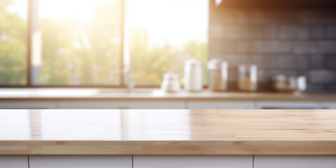 Modern empty white wooden tabletop or kitchen island on blurry kitchen background