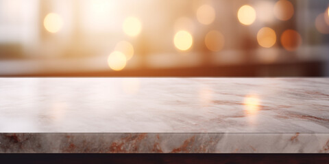 Modern empty white marble table top or kitchen island with bokeh blurred background