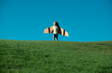 Freedom kids, boy playing to be airplane pilot, funny guy with cardboard wings as an airplane. Child pilot aviator with paper airplane dreams of traveling.