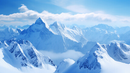 Obraz premium Serene Beauty of Snow-Capped Mountains: Majestic Peaks Adorned with a Layer of Snow in a Breathtaking Alpine Landscape - Explore the Tranquil Mountain Scene in Chilly Atmosphere.