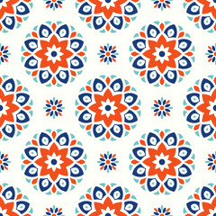 Blue and orange seamless pattern with mandala ornament. Traditional Arabic, Indian motifs. Great for fabric and textile, wallpaper, packaging or any desired idea.