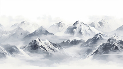 Fototapeta premium Serene Beauty of Snow-Capped Mountains: Majestic Peaks Adorned with a Layer of Snow in a Breathtaking Alpine Landscape - Explore the Tranquil Mountain Scene in Chilly Atmosphere.