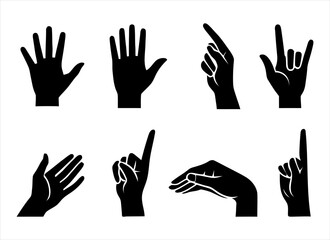 Vector set of silhouettes of human hands depicting various gestures, black on a white background.
