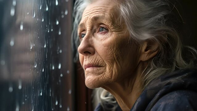 A senior woman sad and depressed looking out of the window with raindrops on the glass window on a rainy day