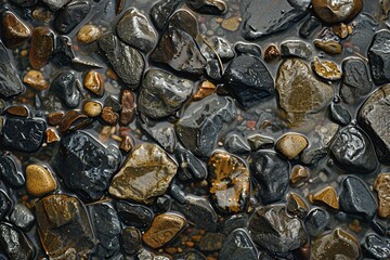 Close Up of Wet Sea Pebbles and Stones on Surface