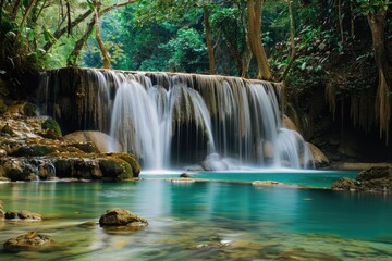 Fototapeta na wymiar Scenic Landscape of Peaceful Waterfall in Thailand's Lush Rainforest amidst the Mountains