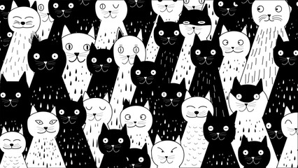 Black and white cats, doodle. Cartoon set of cute hand-drawn doodle cats. Background of black and white cat doodles