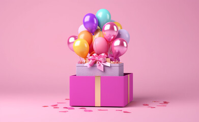 open gift box full of confetis, rubans, baloons, vivid pastel pink background сreated with Generative Ai