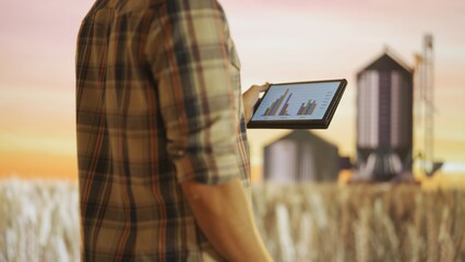 Farmer against large field of wheat at sunset. Man agronomist standing in the farm field, holding tablet checking product growth, financial results on screen. © kinomaster