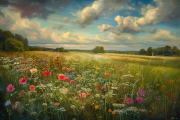 Peaceful countryside field filled with wild summer flowers.