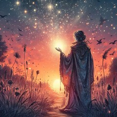 Enchanted Sunset: A Shaman’s Mystical Dance with Nature Amidst the Glowing Forest of Ethereal Light and Serene Atmosphere