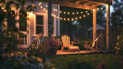 A picturesque farmhouse outdoor patio furnished with wooden Adirondack chairs, string lights, and potted plants in Farmhouse Interior Design Style. - obrazy, fototapety, plakaty