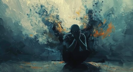 Sorrow Unveiled: Surreal Concept Art of Bipolar Mental Health and Depression Emotions with Grieved and Negativity Opposite Attitudes - obrazy, fototapety, plakaty
