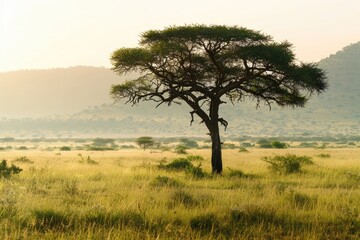 Naklejka premium Sunrise over the Savanna: Stunning Views of Trees and Grass