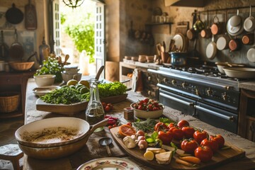 Preparation of a French Provencal dinner in a rustic vintage kitchen - obrazy, fototapety, plakaty