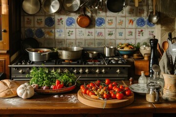 Preparation of a French Provencal dinner in a rustic vintage kitchen