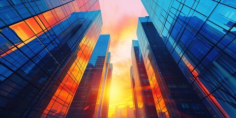 Modern skyscrapers of a smart city, futuristic financial district, graphic perspective of buildings and reflections - Architectural sunset hitting the buildings