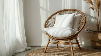 solid white pillow on a rattan chair.