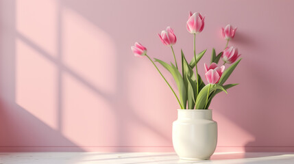 Side Angle Pink Tulips in White Vase. Minimalist composition of pink tulips in a white vase, ideal for decor or seasonal themes.