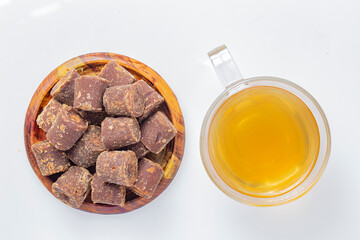 Piloncillo, ground piloncillo and piloncillo tea isolated