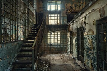 Abandoned Jail Cell With Bars - obrazy, fototapety, plakaty