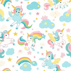 Vector Cartoon cute unicorn Seamless Pattern with Birds and Animals: A playful design featuring birds and animals in a seamless pattern, perfect for wallpapers and illustrations