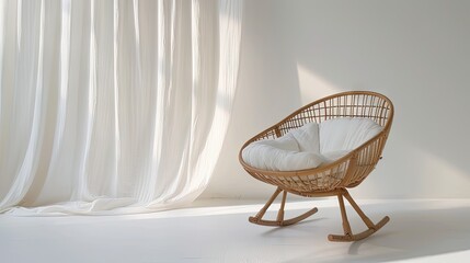 Fototapeta na wymiar solid white pillow on a rattan chair.