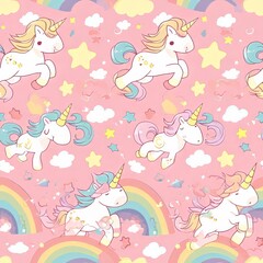 Obraz na płótnie Canvas Vector Cartoon cute unicorn Seamless Pattern with Birds and Animals: A playful design featuring birds and animals in a seamless pattern, perfect for wallpapers and illustrations