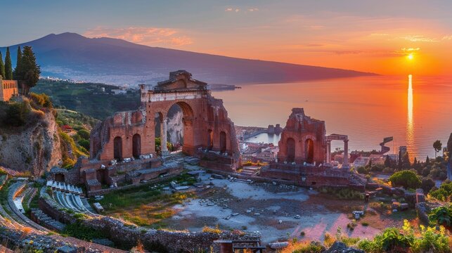Taormina Theater at Sunset: A Colorful View of a Famous Ancient Place in the Resort Town