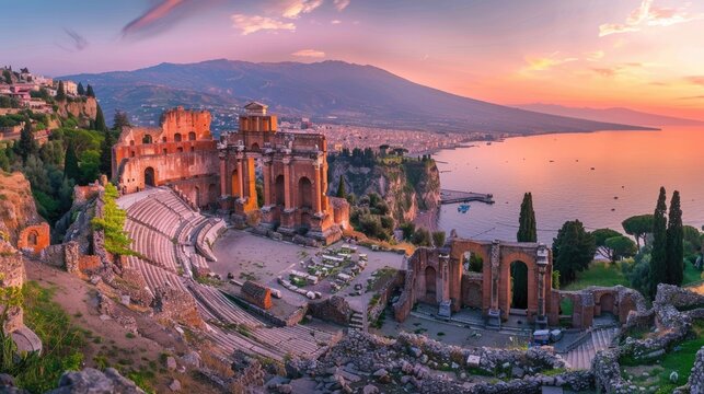 Taormina Theater at Sunset: A Colorful View of a Famous Ancient Place in the Resort Town